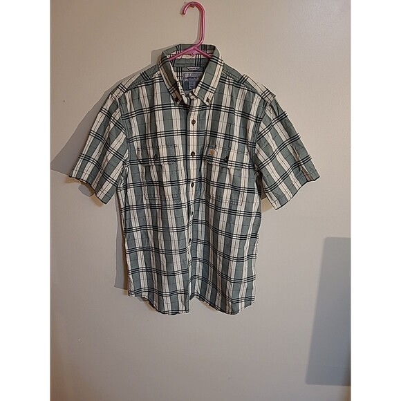 Carhatt Mens Short Sleeve  Button Up Shirt Grn/white Size Medium (E) - Picture 1 of 8